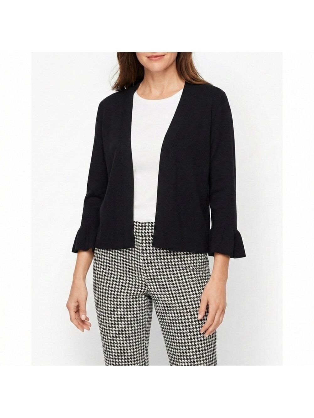 TALBOTS Cotton / Modal Blend Black Cropped Open Front Cardigan Bell Sleeves XL